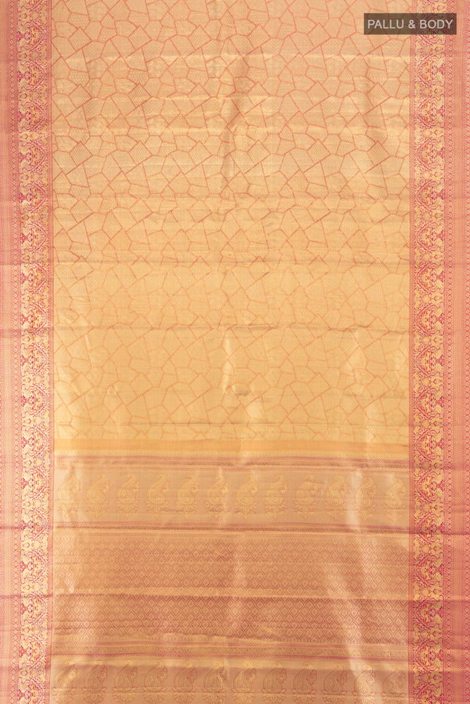 Flat view of Golden Peach Kanchipuram Silk Saree with Zari Brocade on the body and Silk Border. 