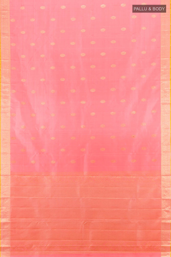 Flat view of Pure Silk Pure Zari Rose Gold Kanjivaram Saree with Zari Butta on the body and Silk Border. 