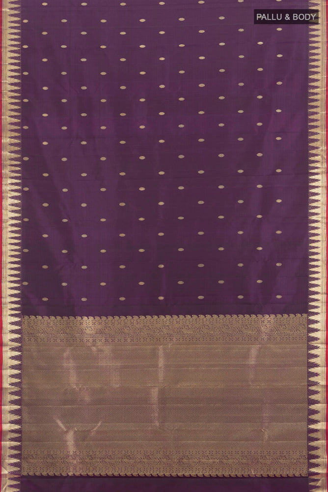 Flat view of Pure Silk Pure Zari Violet Kanjivaram Saree with Zari Butta on the body and Silk Border. 