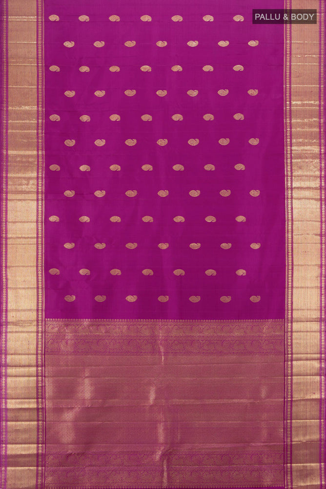 Flat view of Pure Silk Pure Zari Purple Kanjivaram Saree with Zari Butta on the body and Silk Border. 
