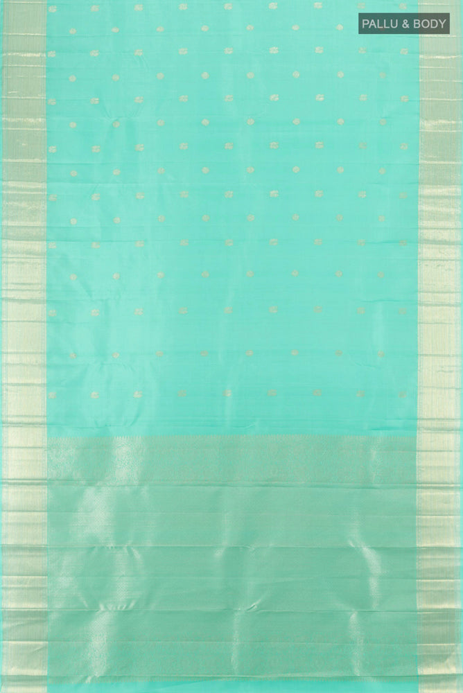 Flat view of Pure Silk Pure Zari Sky Blue Kanjivaram Saree with Zari Butta on the body and Silk Border. 