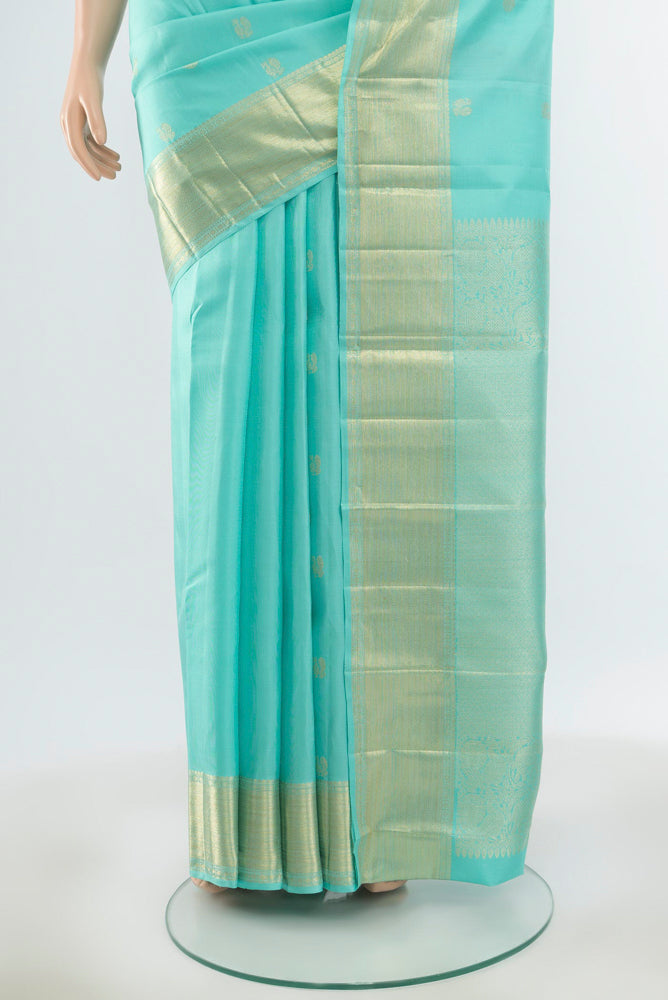Pleats and pallu of Pure Silk Pure Zari Sky Blue Kanjivaram Saree with Zari Butta on the body and Silk Border. 