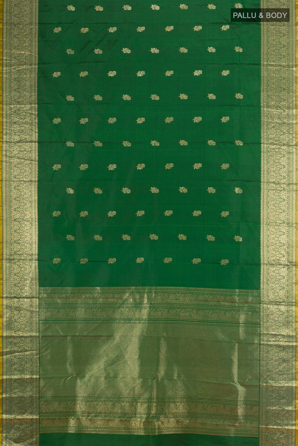 Flat view of Pure Silk Bottle Green Kanjivaram Saree with Zari Butta on the body and Zari Border. 