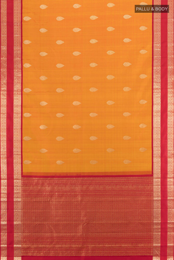 Flat view of Pure Silk Pure Zari Yellow Kanjivaram Saree with Zari Butta on the body and Silk Border. 