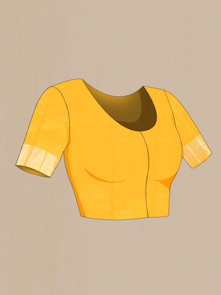 Close up image of the blouse of Pure Silk Pure Zari Yellow Kanjivaram Saree with Zari Butta on the body and Silk Border. 