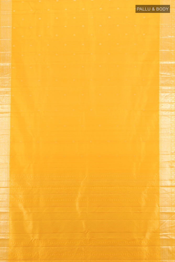 Flat view of Pure Silk Pure Zari Yellow Kanjivaram Saree with Zari Butta on the body and Silk Border. 