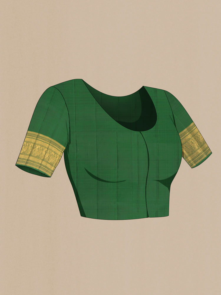 Close up image of the blouse of Pure Silk Pure Zari Bottle Green Kanjivaram Saree with Zari Butta on the body and Silk Border. 