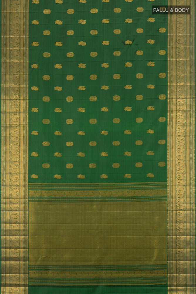 Flat view of Pure Silk Pure Zari Bottle Green Kanjivaram Saree with Zari Butta on the body and Silk Border. 