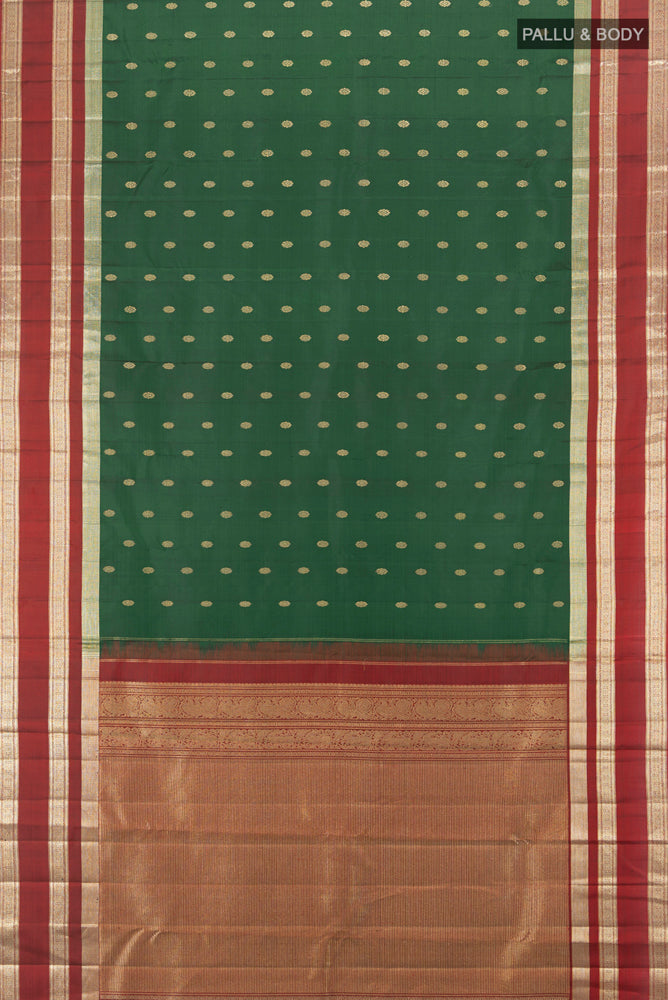 Flat view of Pure Silk Pure Zari Bottle Green Kanjivaram Saree with Zari Butta on the body and Silk Border. 