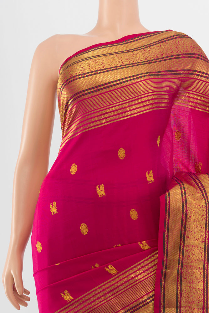 Border image of Pure Silk Pure Zari Dark Pink Kanjivaram Saree with Zari Butta on the body and Silk Border. 