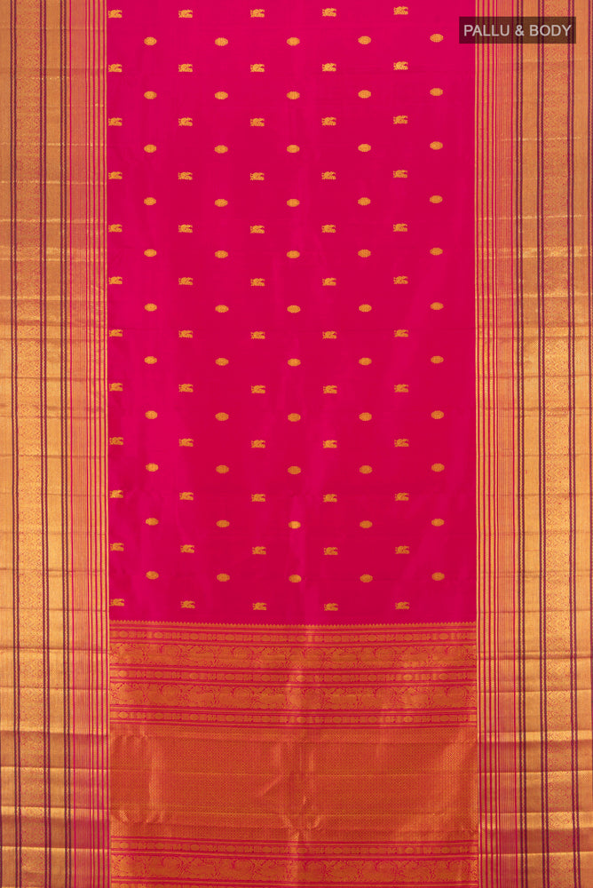 Flat view of Pure Silk Pure Zari Dark Pink Kanjivaram Saree with Zari Butta on the body and Silk Border. 