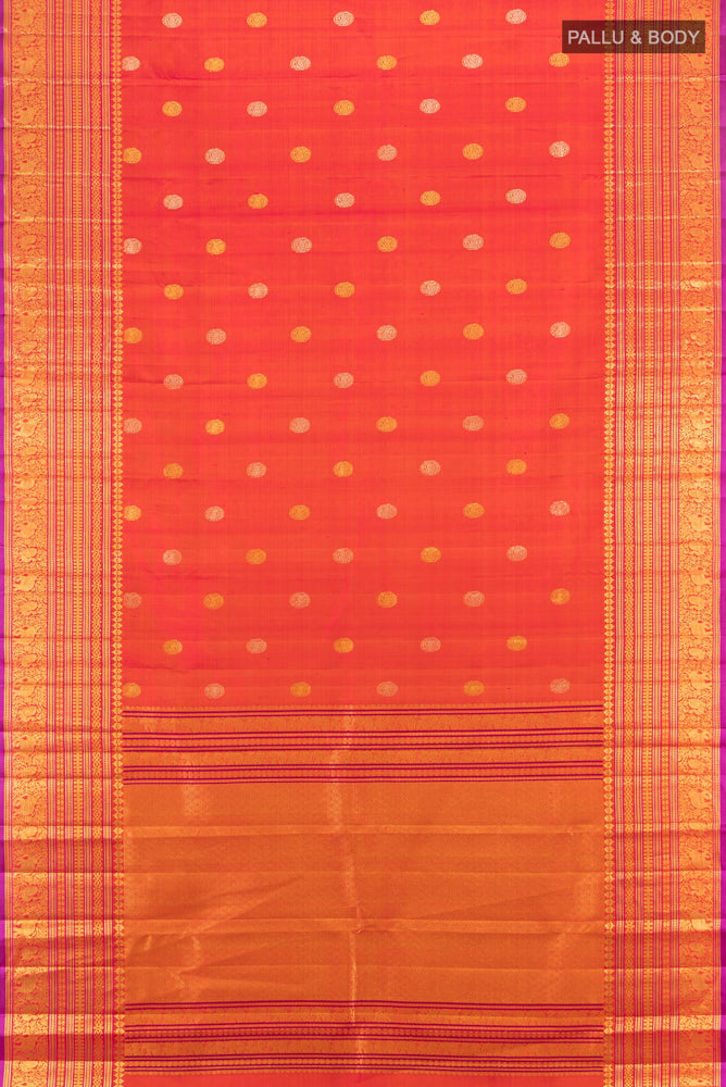 Flat view of Pure Silk Pure Zari Peach Kanjivaram Saree with Zari Butta on the body and Silk Border. 