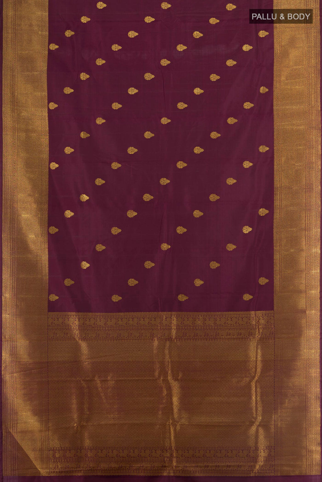 Flat view of Pure Silk Coffee Brown Kanchipuram Saree with Zari Butta on the body and Zari Border. 