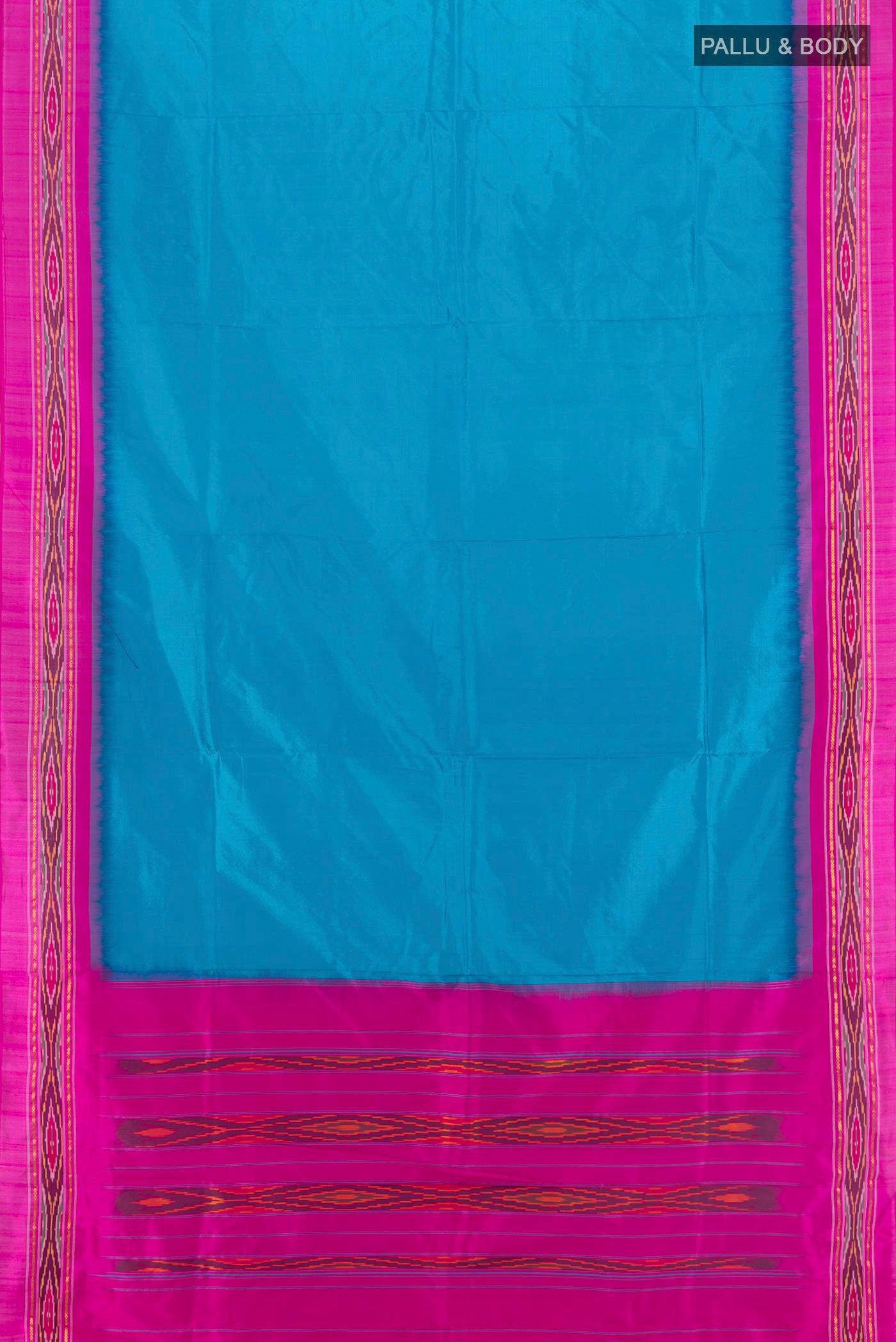 Flat view of Sky Blue Pochampally Silk Saree with Plain Body and Ikat Border. 