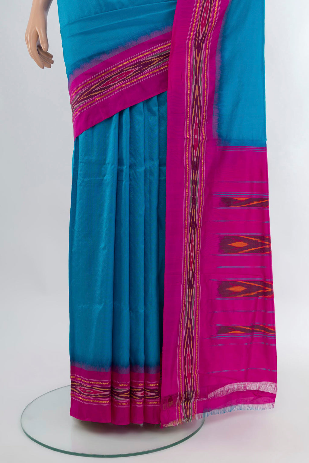 Pleats and pallu of Sky Blue Pochampally Silk Saree with Plain Body and Ikat Border. 