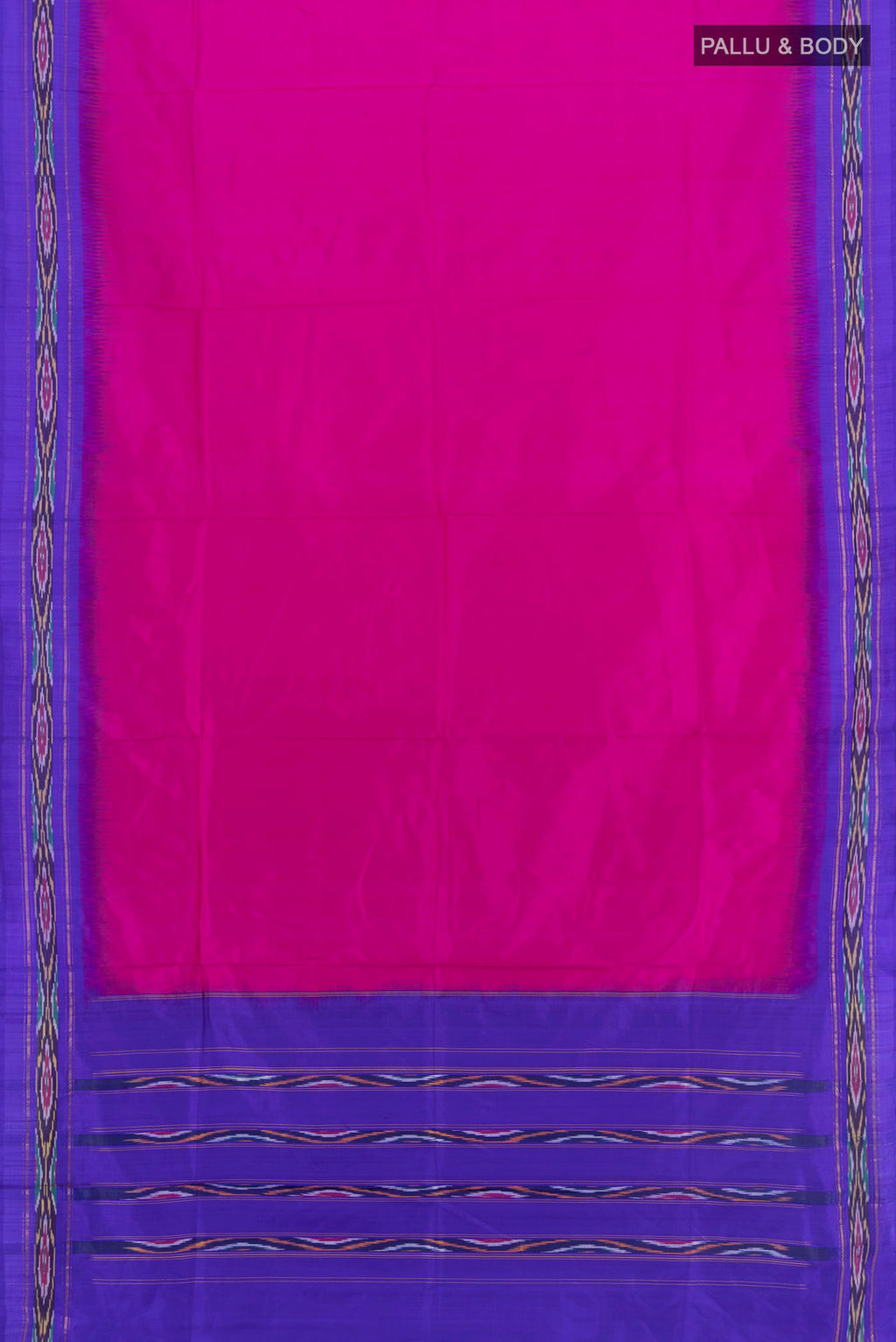 Flat view of Magenta Pochampally Silk Saree with Plain Body and Ikat Border. 