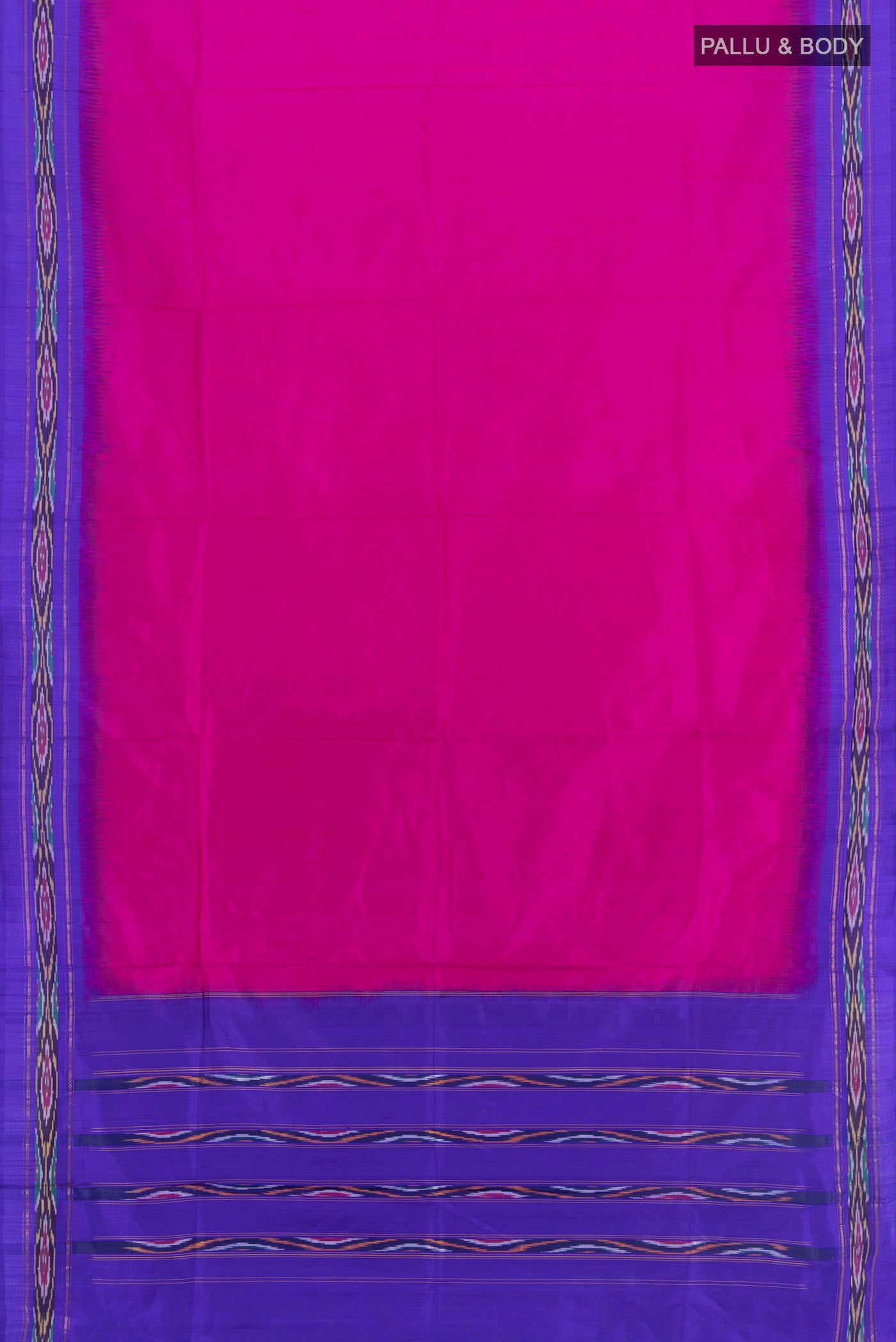 Flat view of Magenta Pochampally Silk Saree with Plain Body and Ikat Border. 