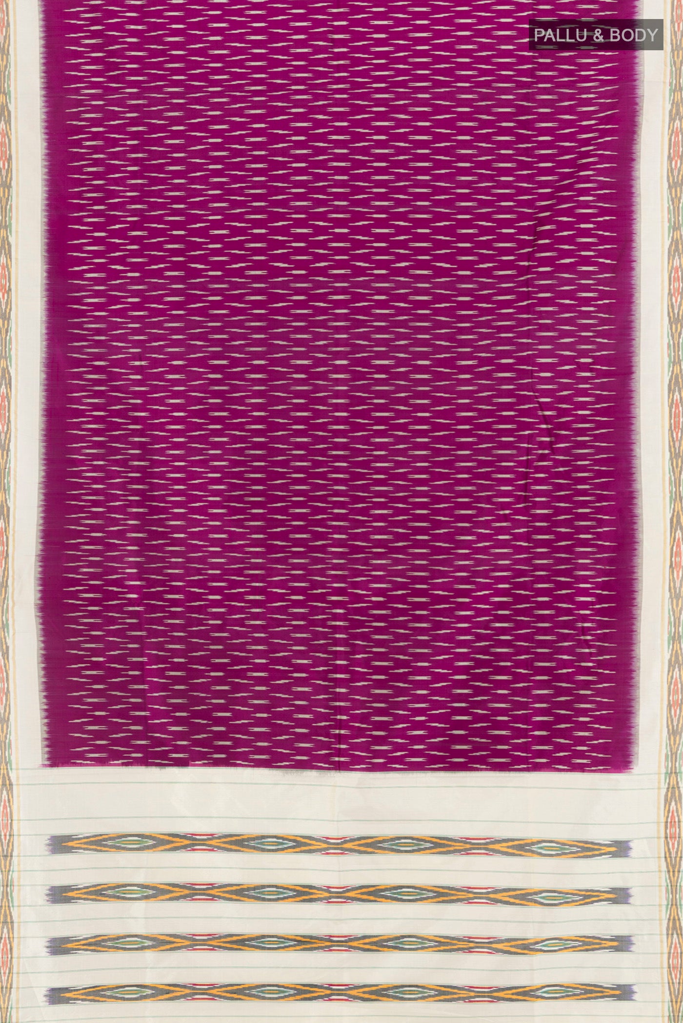 Flat view of Purple Pochampally Silk Saree with Ikat design on the body and Ikat Border. 