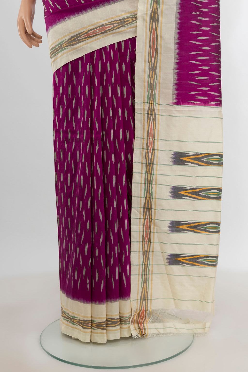Pleats and pallu of Purple Pochampally Silk Saree with Ikat design on the body and Ikat Border. 