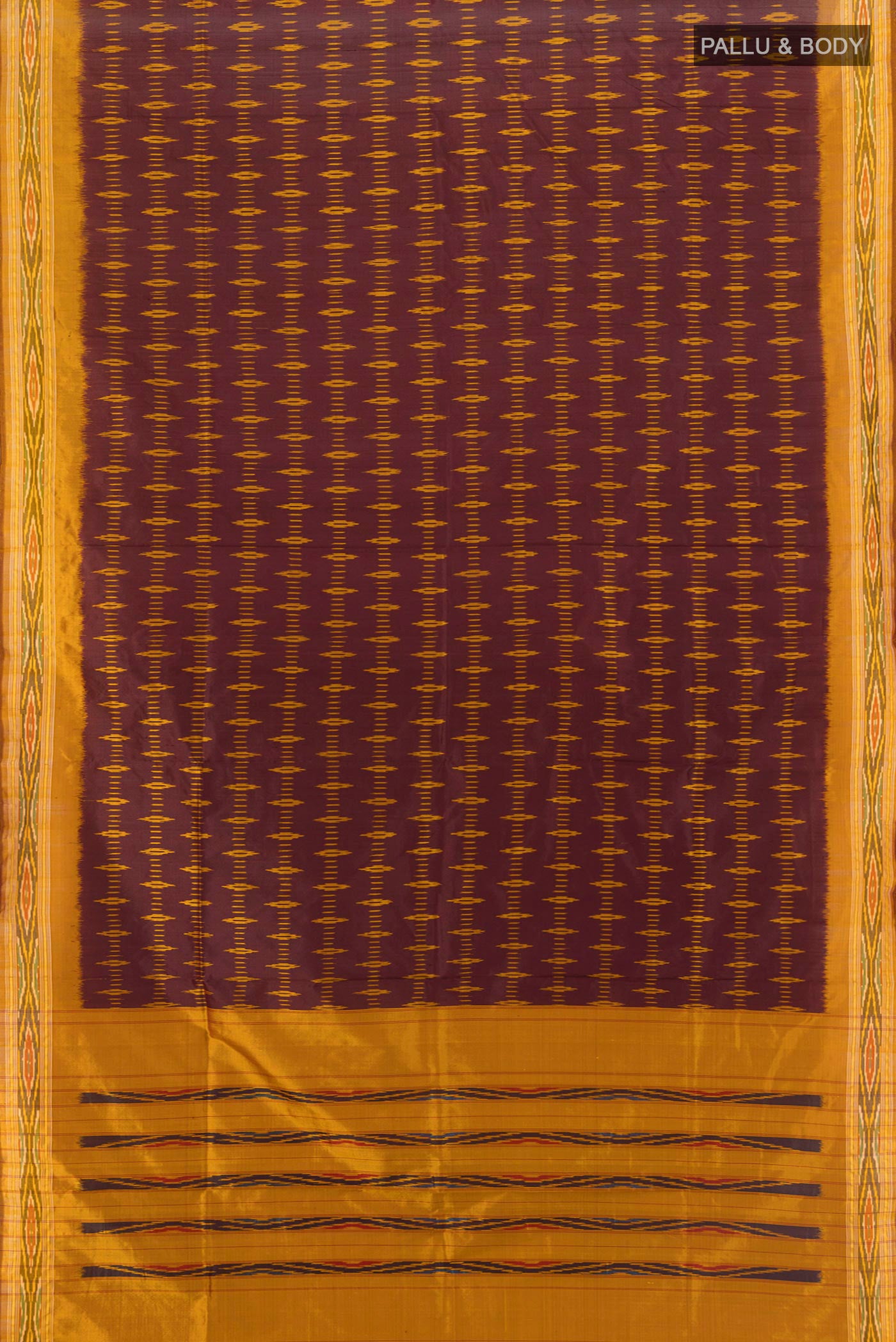 Flat view of Coffee Brown Pochampally Silk Saree with Ikat design on the body and Ikat Border. 