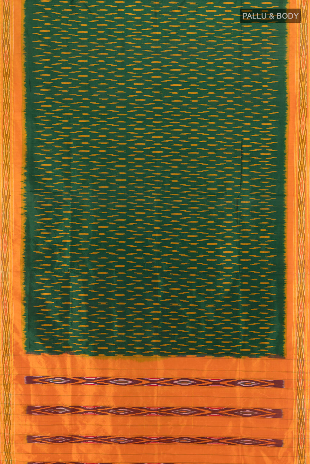 Flat view of Bottle Green Pochampally Silk Saree with Ikat design on the body and Ikat Border. 