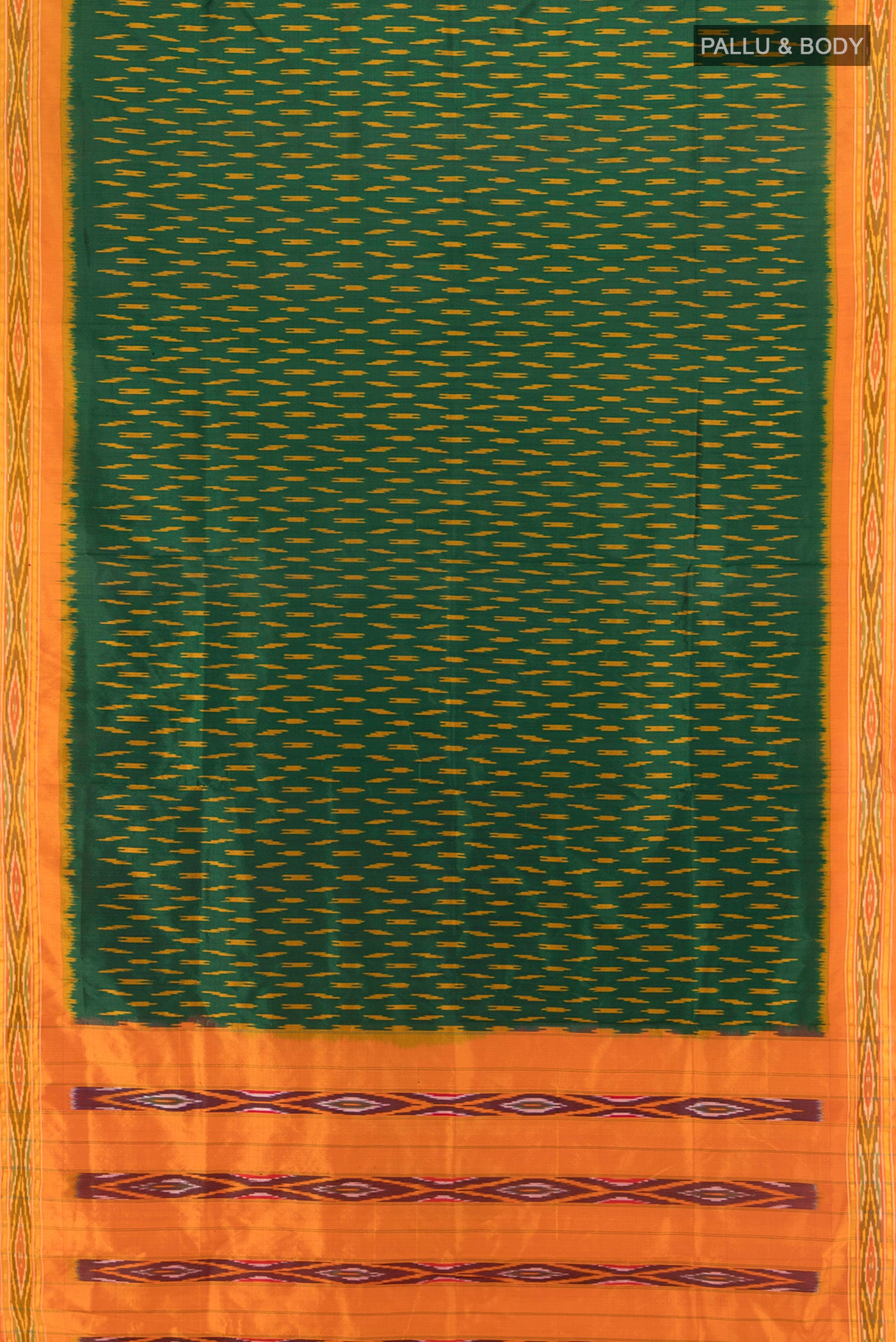 Flat view of Bottle Green Pochampally Silk Saree with Ikat design on the body and Ikat Border. 