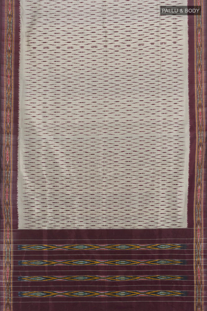 Flat view of Davys Grey Pochampally Saree with Ikat Print on the body and Silk Border. 