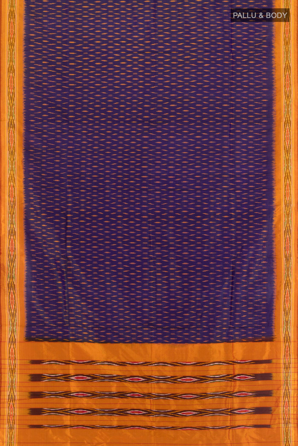 Flat view of Navy Blue Pochampally Silk Saree with Ikat design on the body and Ikat Border. 