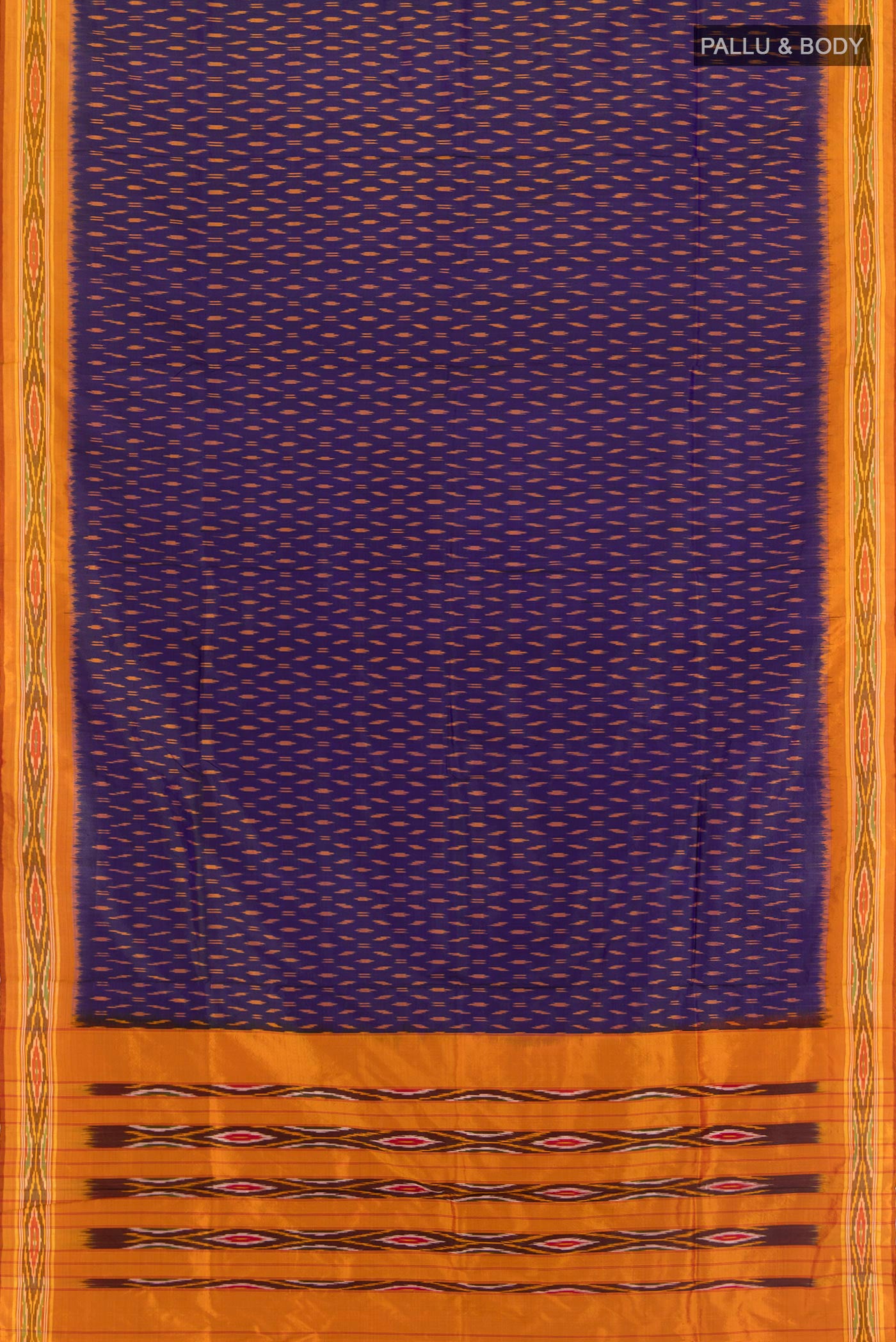 Flat view of Navy Blue Pochampally Silk Saree with Ikat design on the body and Ikat Border. 