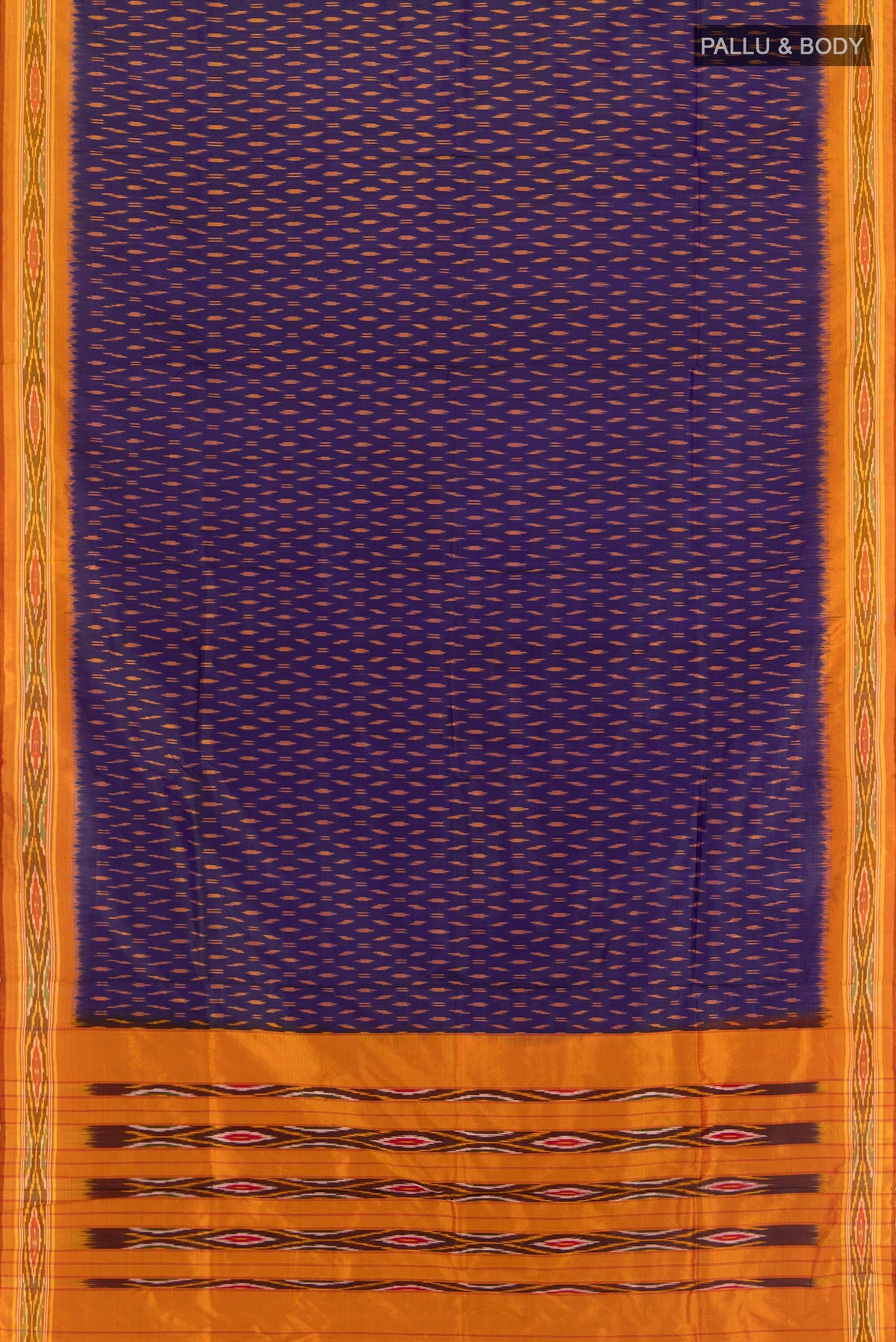 Flat view of Navy Blue Pochampally Silk Saree with Ikat design on the body and Ikat Border. 