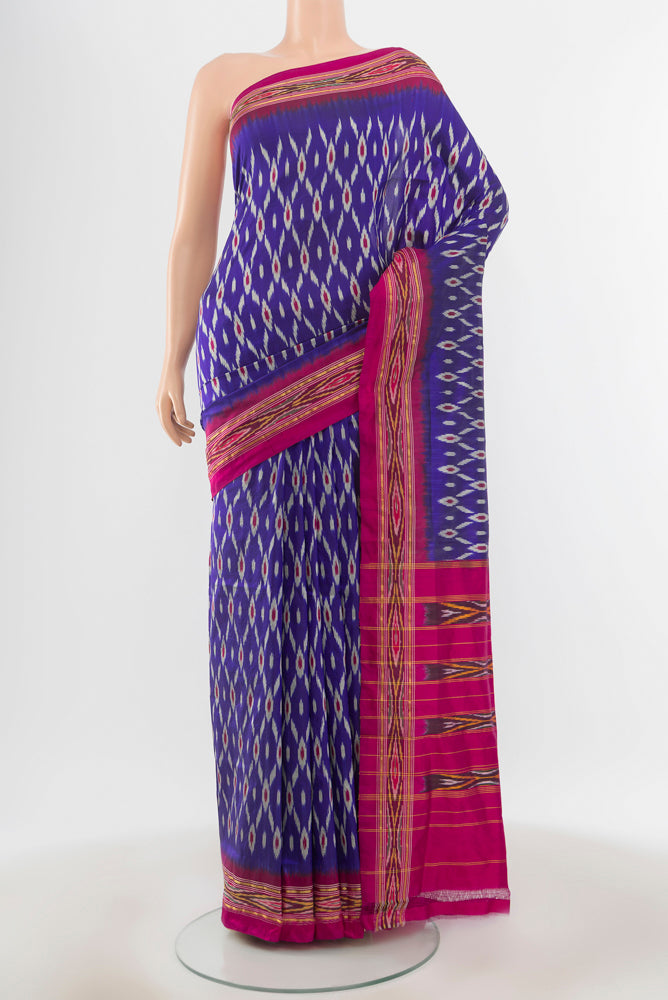 Navy Blue Pochampally Saree with Zari Butta on the body and Silk Border.  displayed on a mannequin