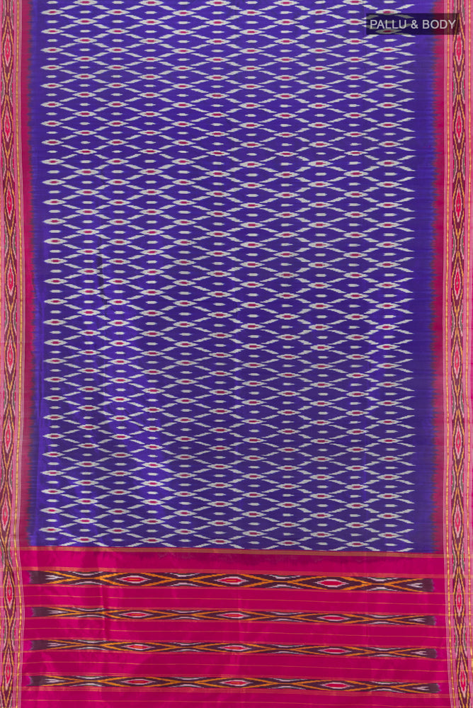 Flat view of Navy Blue Pochampally Saree with Zari Butta on the body and Silk Border. 