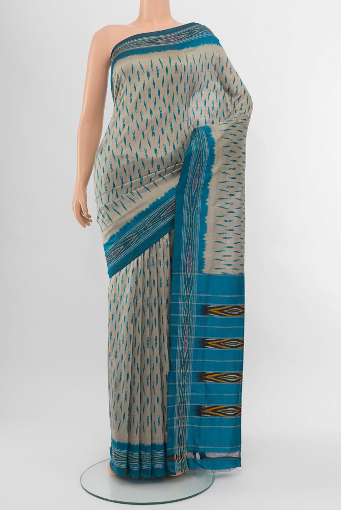 Davys Grey Pochampally Saree with Ikat Print on the body and Silk Border.  displayed on a mannequin