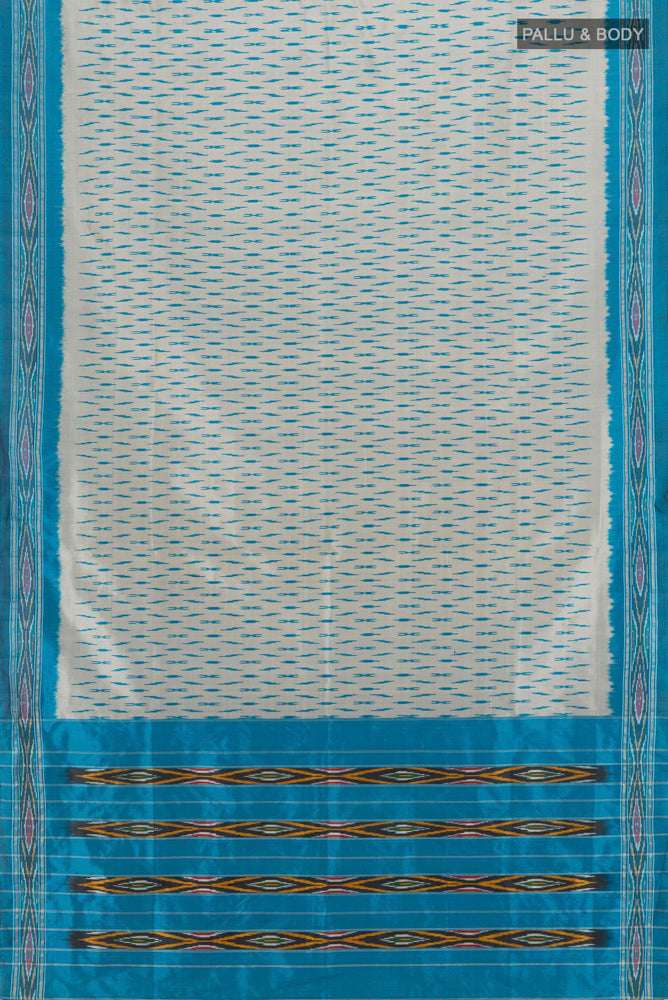 Flat view of Davys Grey Pochampally Saree with Ikat Print on the body and Silk Border. 