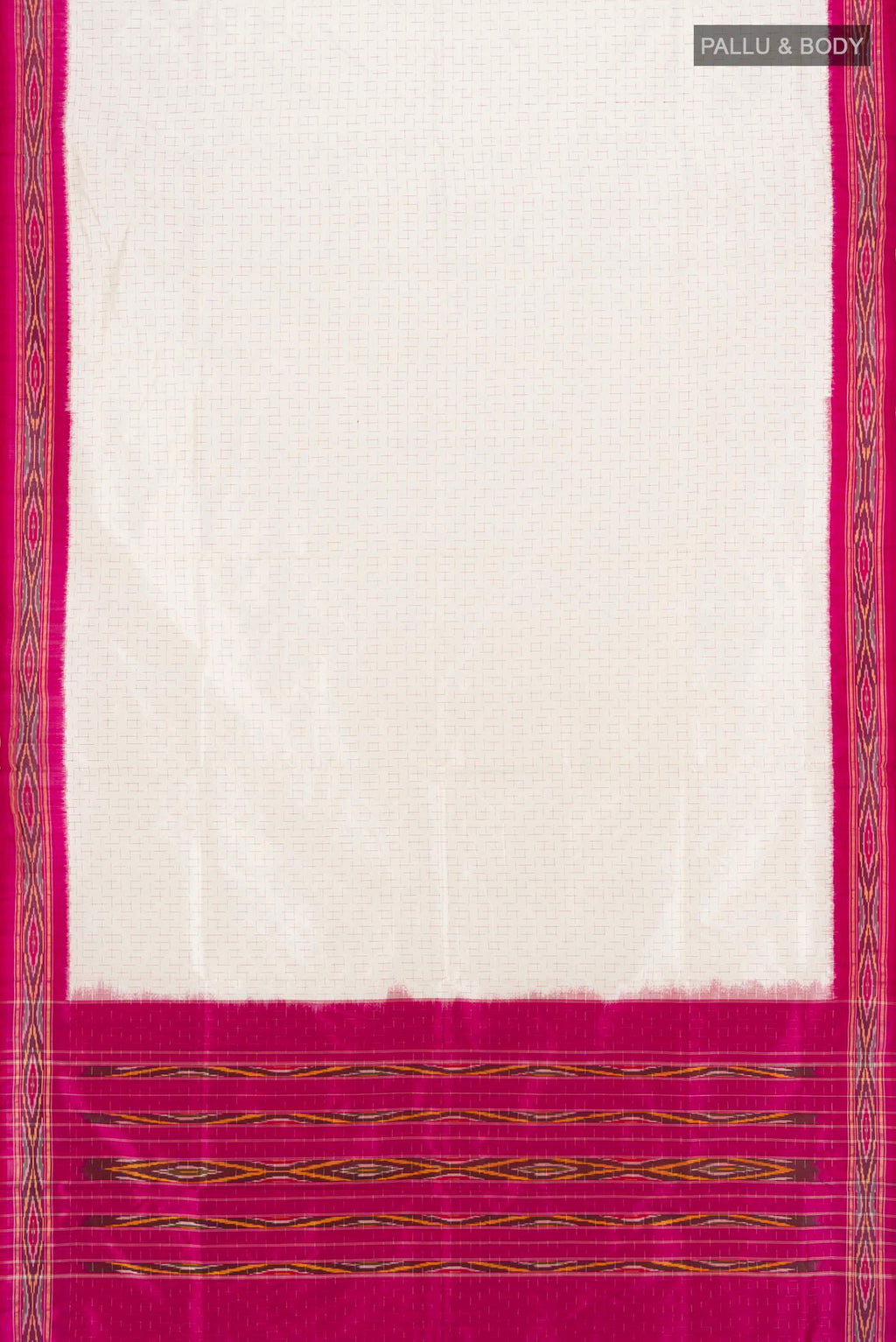 Flat view of Cream Pochampally Silk Saree with Ikat design on the body and Ikat Border. 