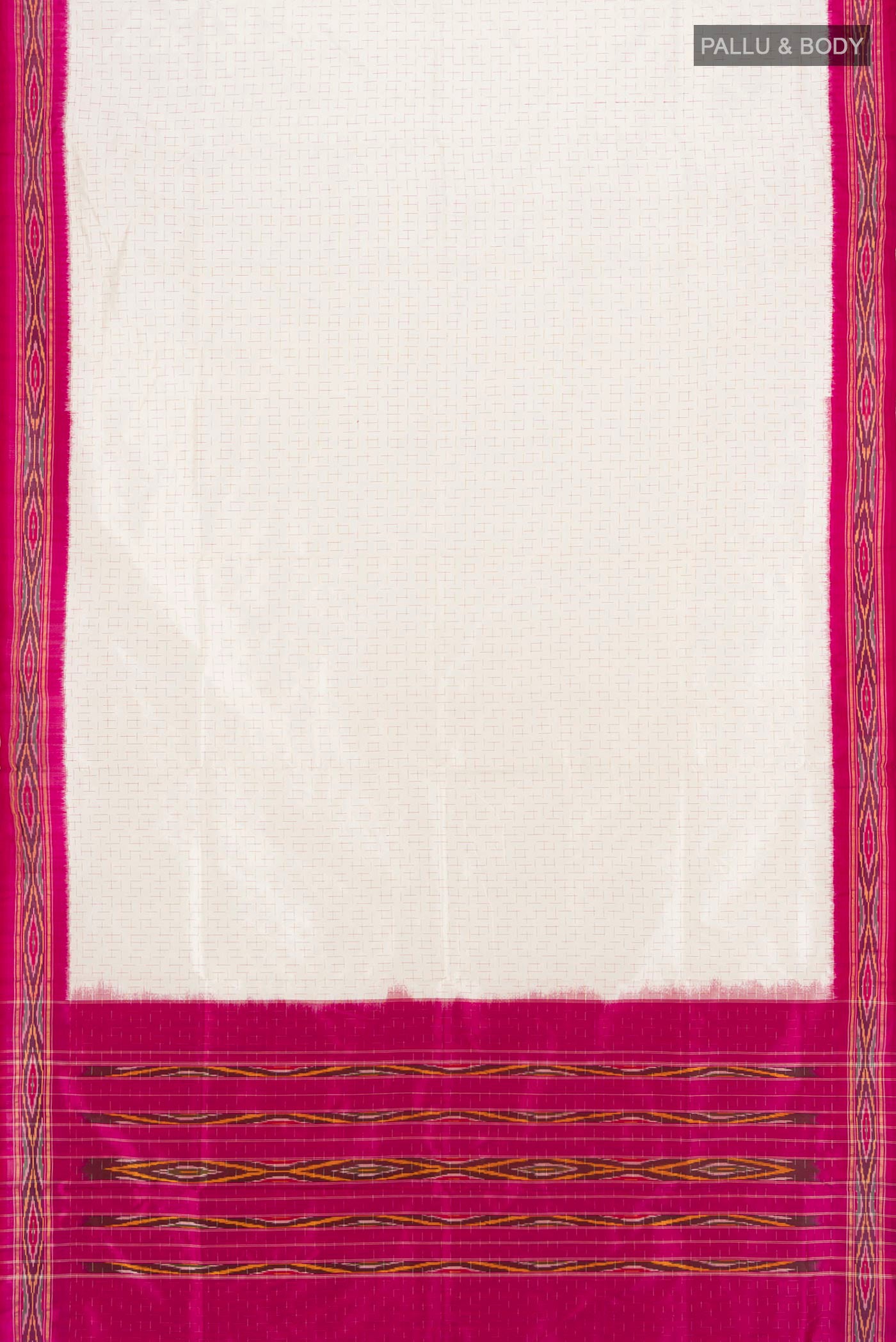 Flat view of Cream Pochampally Silk Saree with Ikat design on the body and Ikat Border. 