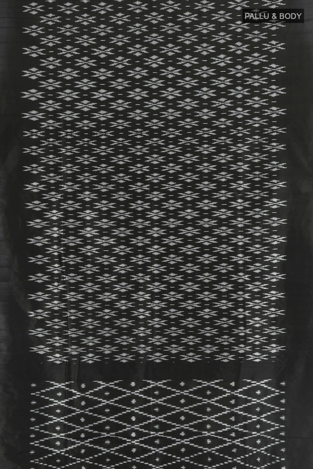 Flat view of Black Pochampally Silk Saree with Pure Ikat on the body and Plain Border. 
