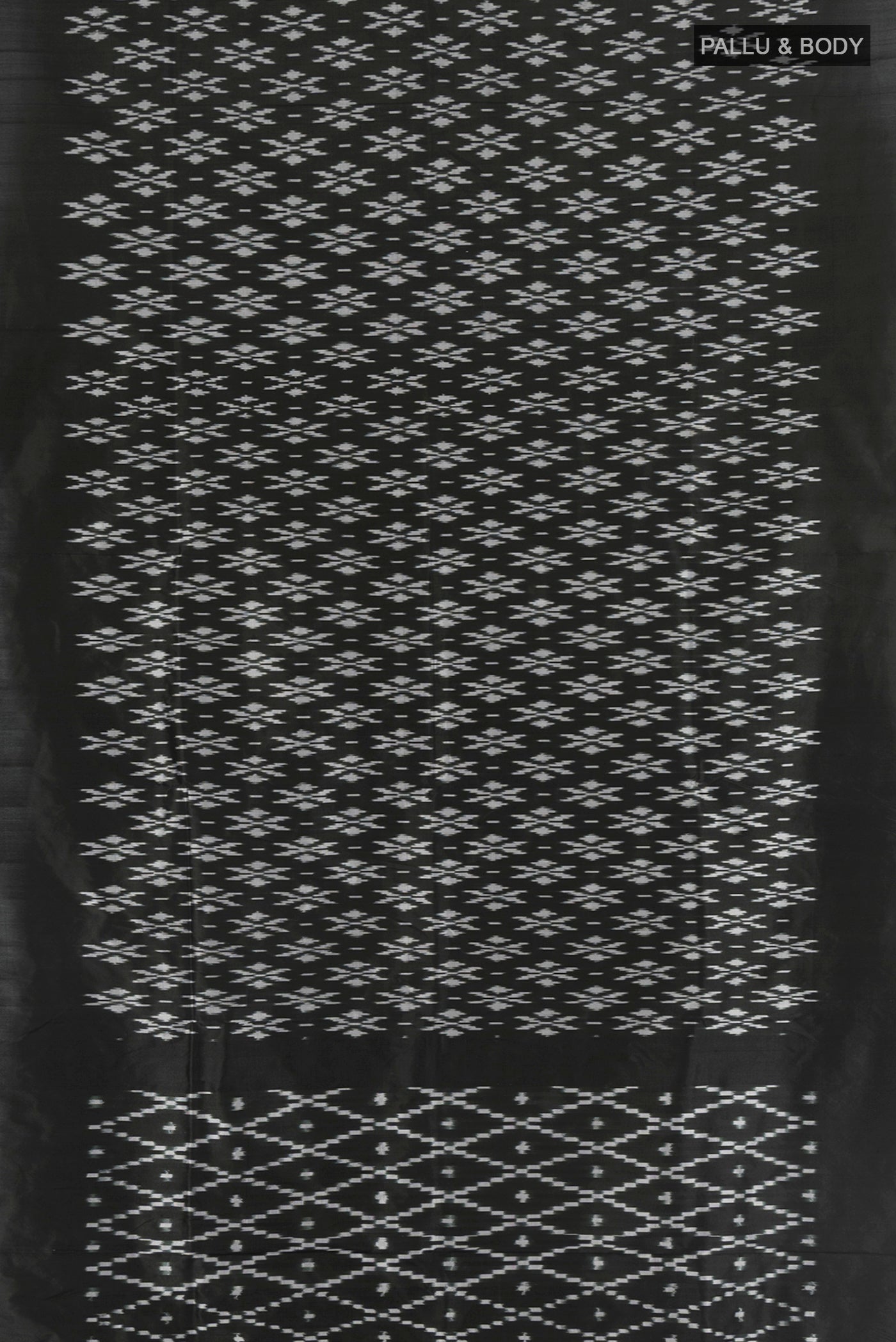 Flat view of Black Pochampally Silk Saree with Pure Ikat on the body and Plain Border. 