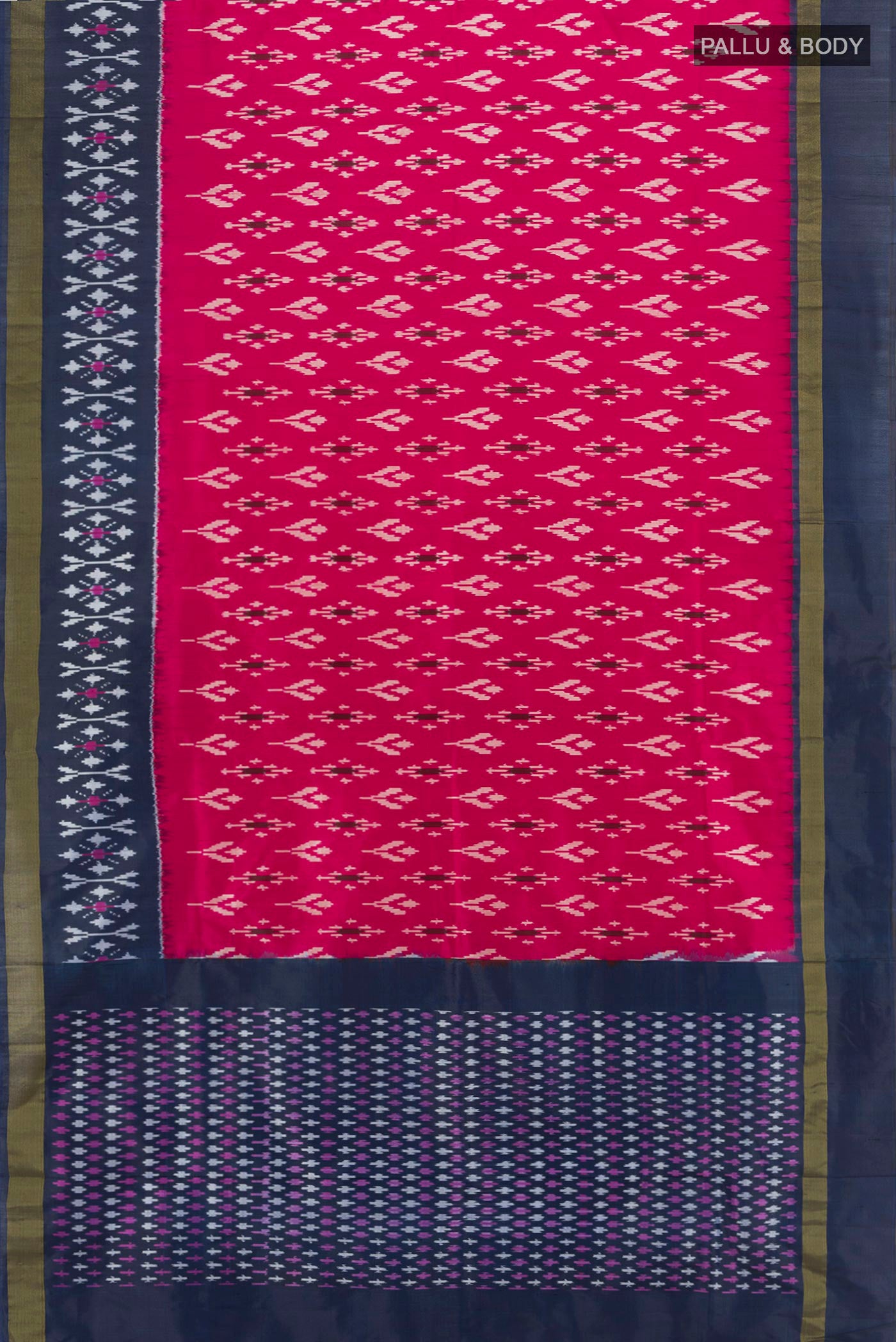 Flat view of Purple Pochampally Saree with Ikat Print on the body and Silk Border. 