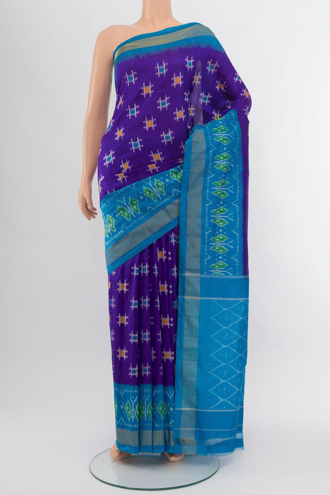 Violet Pochampally Saree with Ikat Print on the body and Silk Border.  displayed on a mannequin