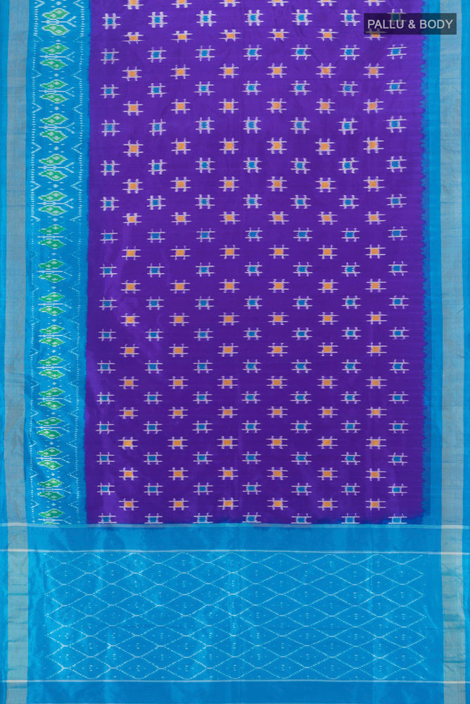 Flat view of Violet Pochampally Saree with Ikat Print on the body and Silk Border. 