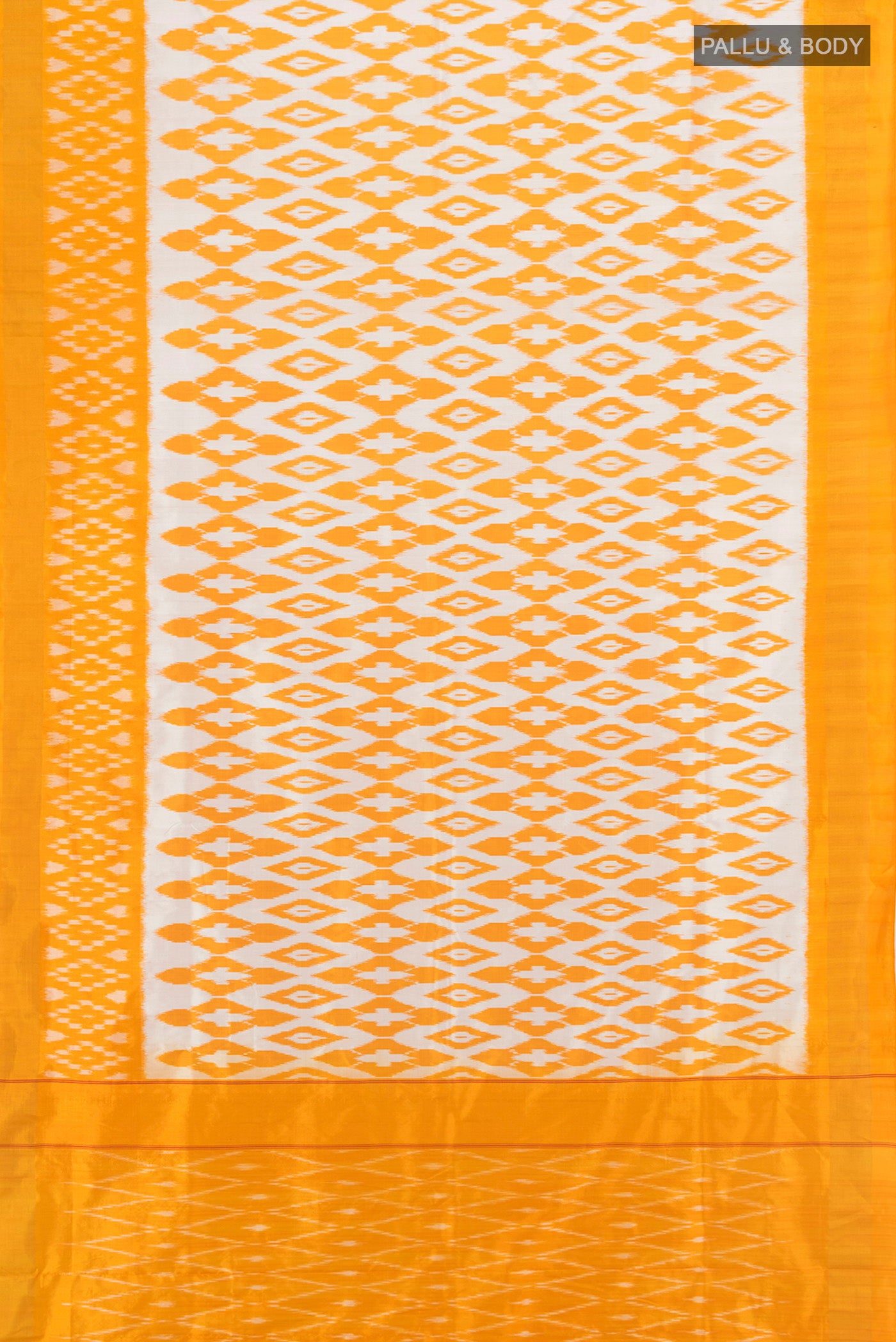 Flat view of Off White Pochampally Silk Saree with Ikat design on the body and Ikat Border. 