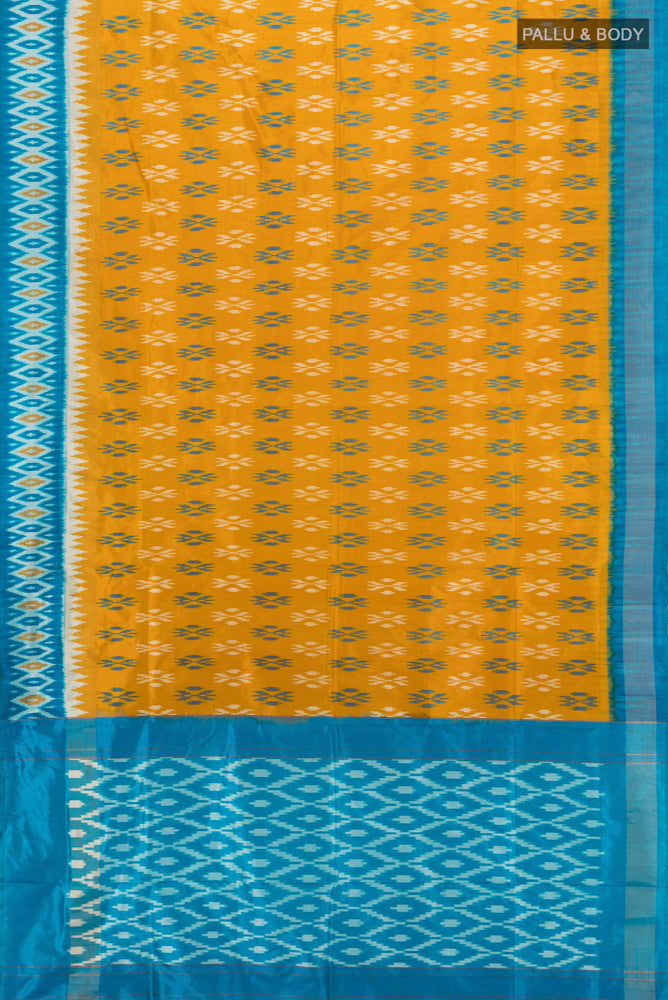Flat view of Mustard Pochampally Silk Saree with Ikat Print on the body and Silk Border. 