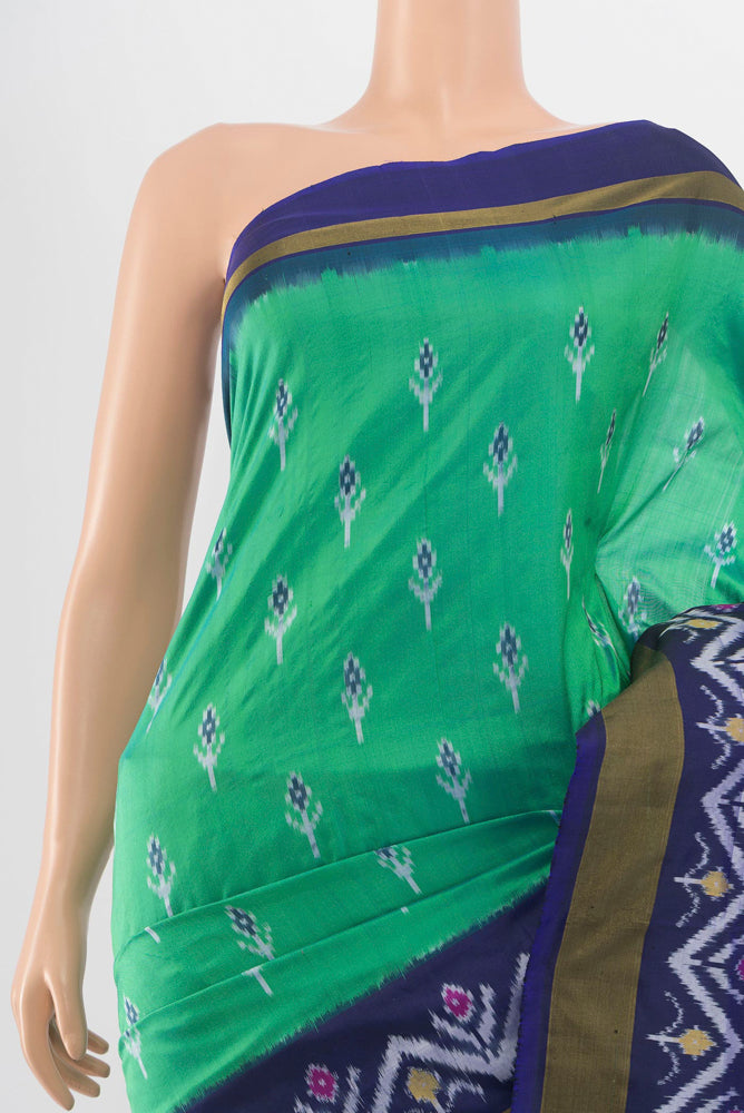 Border image of Peacock Blue Pochampally Nine Yards Saree with Ikat Print on the body and Silk Border. 