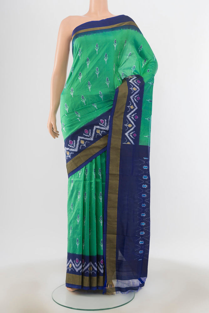 Peacock Blue Pochampally Nine Yards Saree with Ikat Print on the body and Silk Border.  displayed on a mannequin