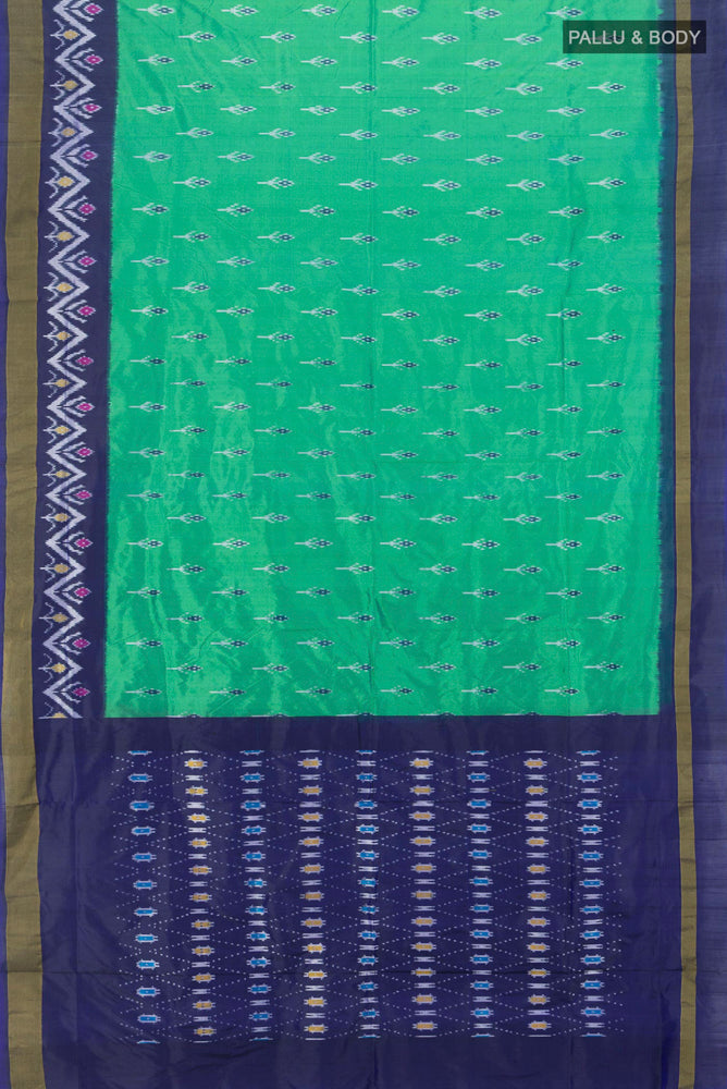 Flat view of Peacock Blue Pochampally Nine Yards Saree with Ikat Print on the body and Silk Border. 