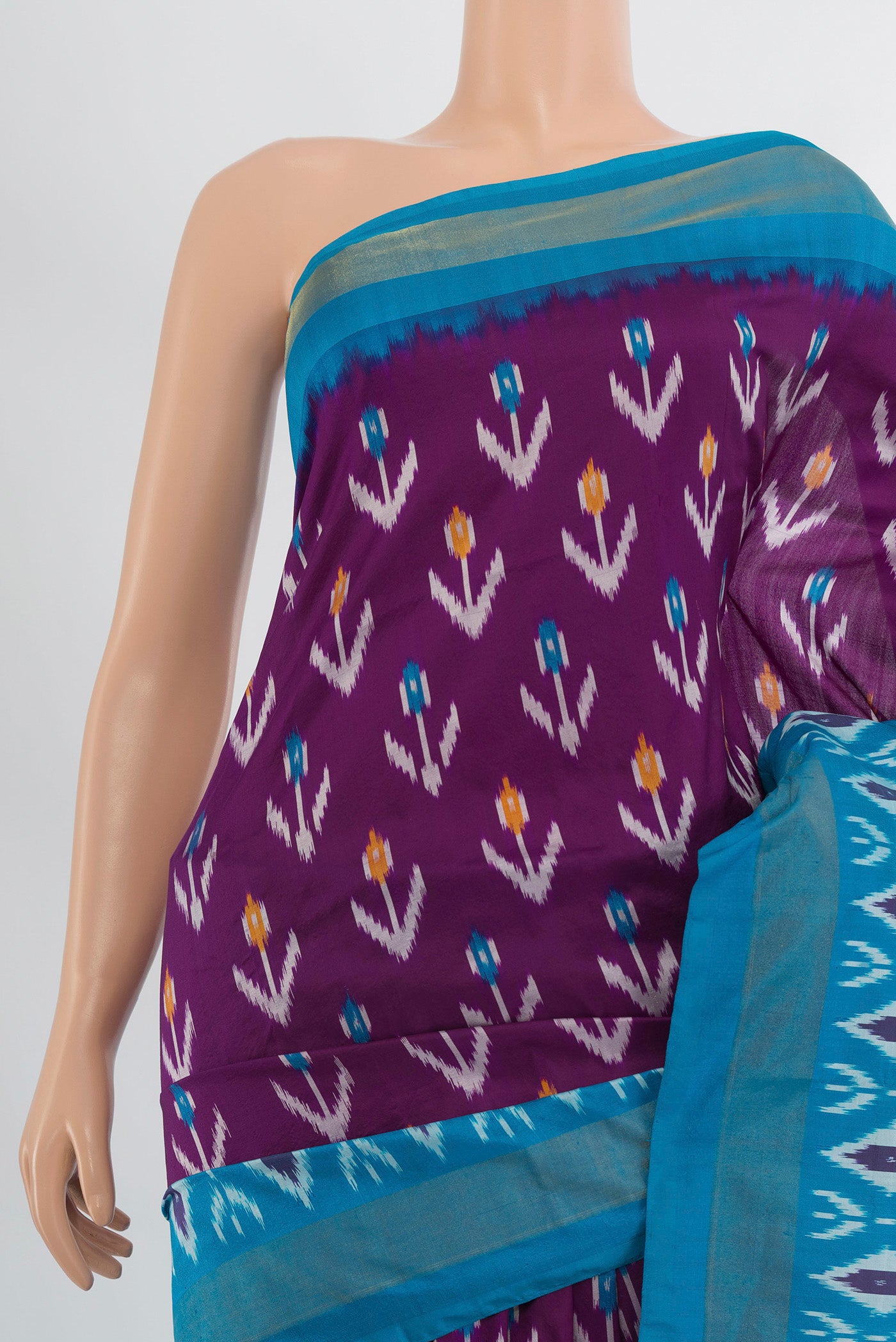 Border image of Violet Pochampally Silk Saree with Ikat Print on the body and Silk Border. 