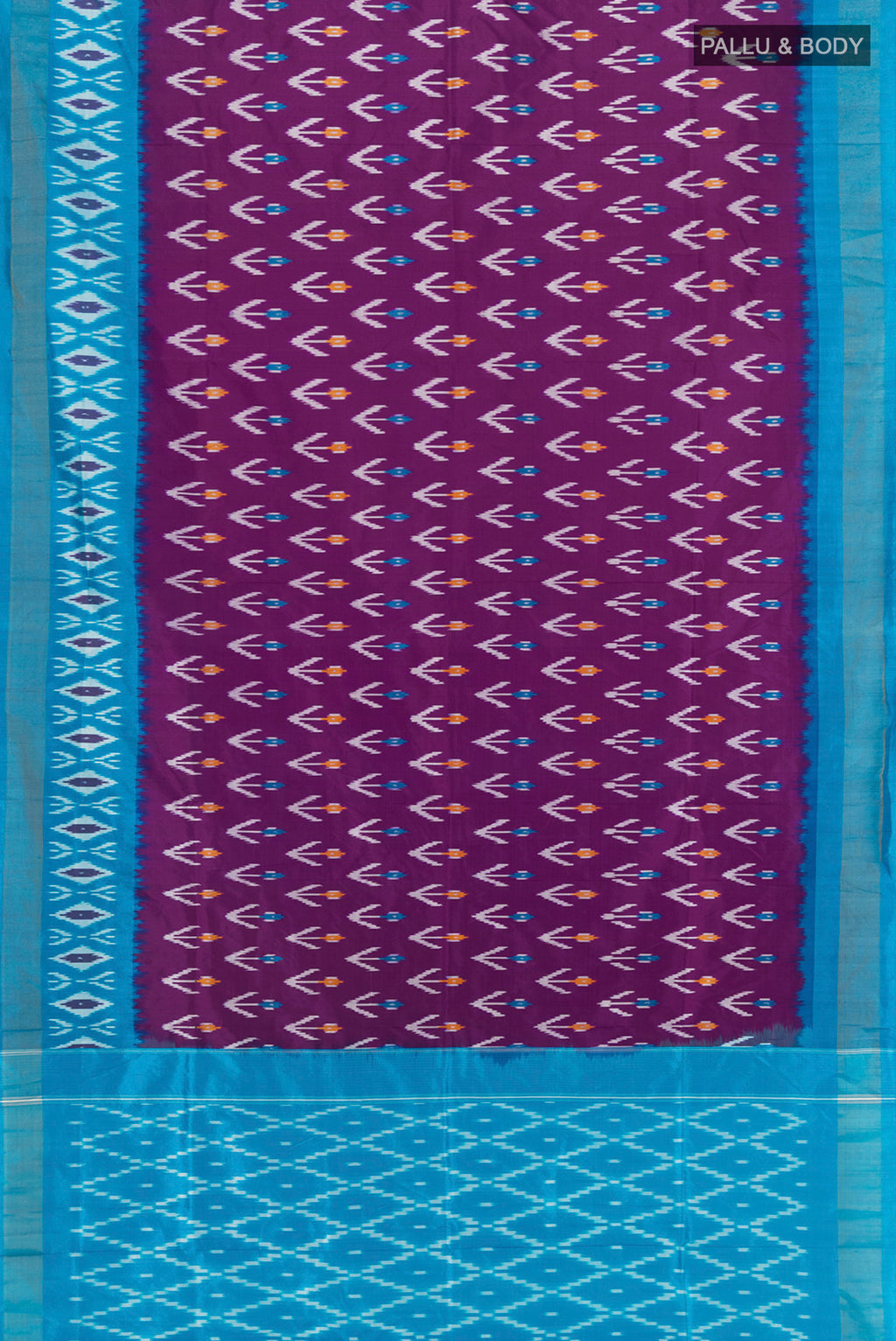 Flat view of Violet Pochampally Silk Saree with Ikat Print on the body and Silk Border. 