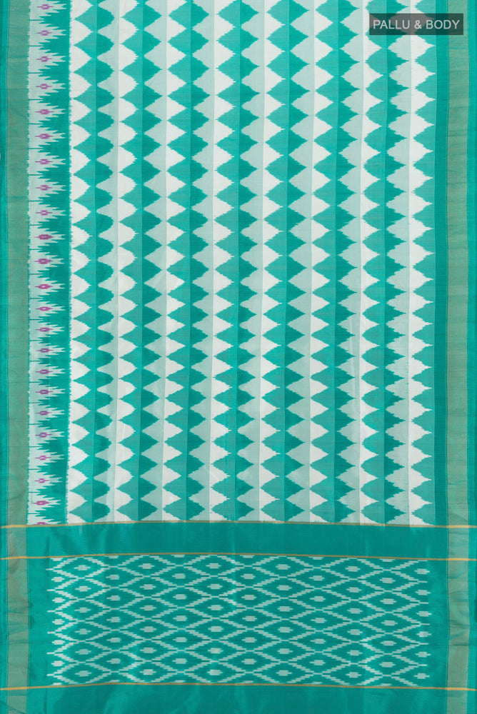 Flat view of Multi Color Pochampally Saree with Ikat Print on the body and Silk Border. 