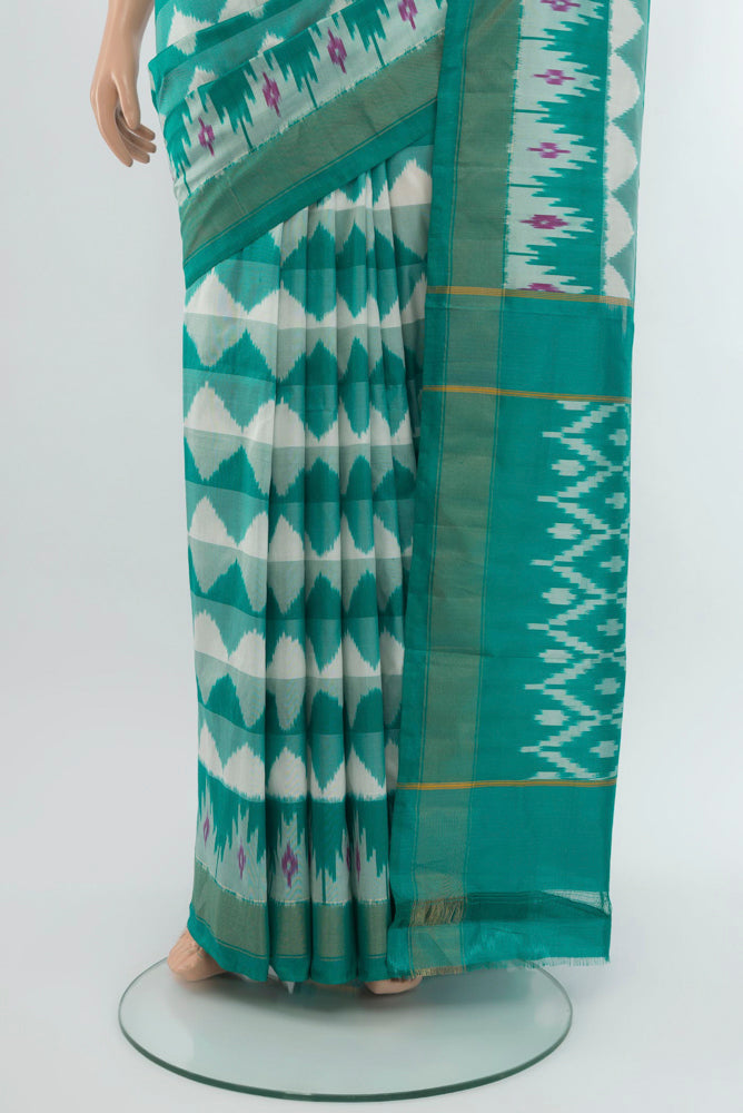 Pleats and pallu of Multi Color Pochampally Saree with Ikat Print on the body and Silk Border. 